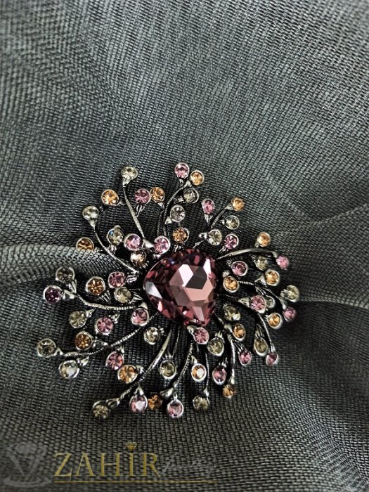Дамски бижута - Възхитителна кристална брошка и висулка за колие с голям виолетов и малки розови кристалчета, размери 6 на 5,5 см- B1271